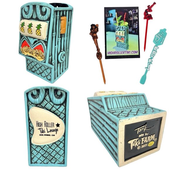 High Roller Tiki Lounge Pineapple Slots Mug Tank 1st Ed 2021 Solvang +3 Swizzles - Picture 1 of 10